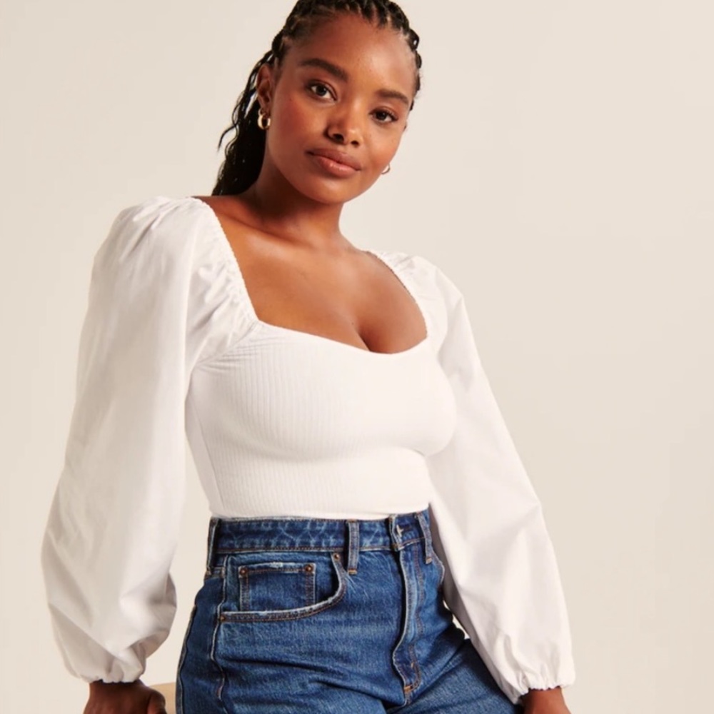 Long-Sleeve Mixed Fabric Puff Sleeve Top